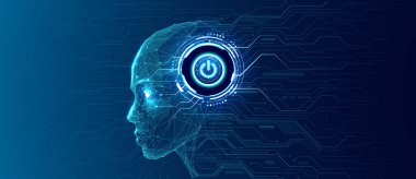 Güç düğmesi elementi devresi olan dijital insan kafası. Güç Açma düğmesi olarak parlak ışık elemanı olan soyut yapay zeka robotu. Teknoloji fütüristik geçmişi. Vektör illüstrasyonu.