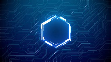 Soyut parlayan neon altıgen çerçeve tasarımı. Devre kartında mesaj için yeri olan teknoloji siber portalı. İnternet afişi için harika. Oyun ve siber punk geçmişi. Soyut dijital vektör bg.