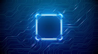 Açık mavi neon çerçeveli soyut teknoloji arka planı. Boş metin alanı olan teknik HUD ögesi. Dijital teknolojik bg. Devre kartı ve neon portal. Fütürist arayüz için tasarım ögesi. Vektör 