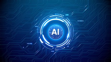 Dijital yapay zeka kuantum çipi devre tahtası teknisyeninin arka planında daire ışıklı neon HUD çerçeve içinde. Gelecekçi yapay zeka yarı iletken konsepti. Yıldırım elementli soyut yapay zeka işlemcisi. 