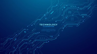 Mavi teknoloji fütüristik arka planında soyut devre kartı elemanları. Devre panosu vektör illüstrasyonu. Teknoloji ağı bg. Siber bağlantı elektronik. Yapay zeka çipi ve Büyük Veri konsepti. Dijital vektör.