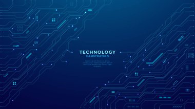 Koyu mavi arka plan teknolojisi üzerine devre kartı. Soyut dijital teknoloji bg. Elektronik ve bilgisayar teknolojisi konsepti. Çip ve devre kartı. Çip bağlantıları illüstrasyonu. Dijital vektör web pankartı