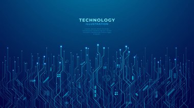 Teknoloji devre kartı dokusuna sahip soyut koyu mavi arkaplan. Yapay zeka çipi ya da yarı iletken. Dijital teknolojik bg. Veri elektroniği elementleriyle devre deseni. Vektör geleceksel desen. 
