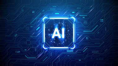 Dijital yapay zeka kuantum çipi kare ışıklı neon HUD çerçeveli devre tahtası teknik arka planında. Gelecekçi yapay zeka yarı iletken konsepti. Yıldırım elementli soyut yapay zeka işlemcisi. 