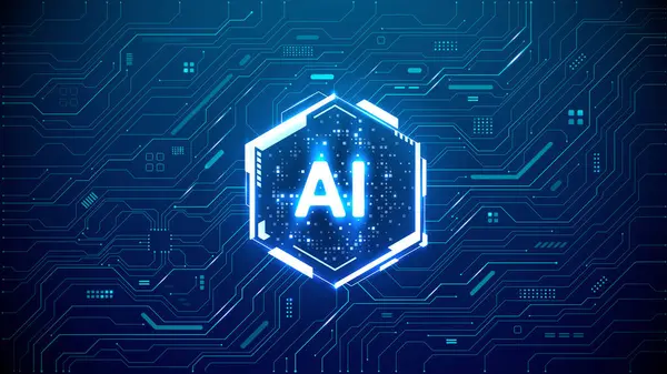 Devre teknisyeni arka planında altıgen ışıklı neon HUD çerçeveli dijital yapay zeka kuantum çipi. Gelecekçi yapay zeka yarı iletken konsepti. Yıldırım elementli soyut yapay zeka işlemcisi. 