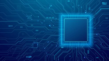 Neon kare çerçeve ve devre kartlı yapay zeka yarı iletkeni mavi ince hat kabloları ve bileşenleri var. Teknoloji geçmişi. Yapay Zeka yenilik kavramı. Dijital çip. Vektör illüstrasyonu