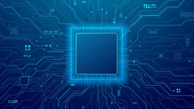 Devre kartı konseptinde mavi yapay zeka çipi. Teknoloji geçmişi. Neon çerçeveli ve ince kablolu dijital yarı iletken. Teknolojik BG 'de yapay zeka işlemcisi. Gelecekçi vektör illüstrasyonu