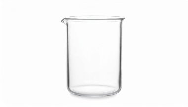 İzole edilmiş beyaz arka plan laboratuvar ekipmanları üzerindeki cam deney şişesini temizleyin. Bilimsel çevre minimalist bakış açısı