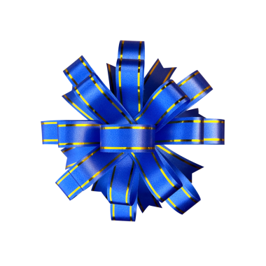 Kurdeleli mavi hediye kutusu, küresel çizgili mavi fiyonk izole.