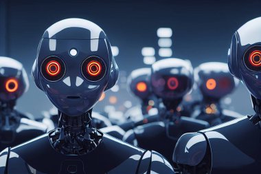 Bir sayborg grubunun tasviri, yapay zeka robotu, gelecek teknolojisi, insansı makine.