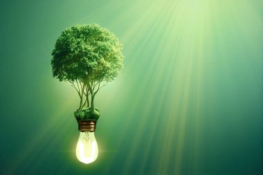 İçinde ağaç olan bir ampul, yeşil yenilenebilir enerji, sürdürülebilir teknoloji, CO2 azaltımı.