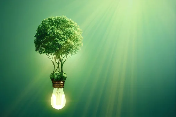 İçinde ağaç olan bir ampul, yeşil yenilenebilir enerji, sürdürülebilir teknoloji, CO2 azaltımı.