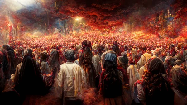 Revelation of Jesus Christ, new testament, religion of christianity, heaven and hell over the crowd of people, Jerusalem of the bible
