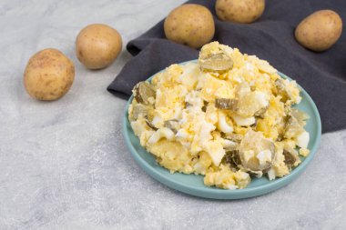 Tabakta patates salatası, geleneksel Alman partisi yemeği yumurta, salatalık ve mayonez. 