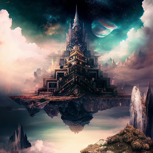 Dreamlike castle in space, clouds and planets, supernatural dimension, spirituality and religious belief