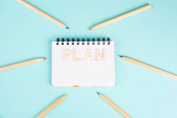 Plan Standing Notebook Planning New Goals List Colorful Pencils New — Stock Photo, Image