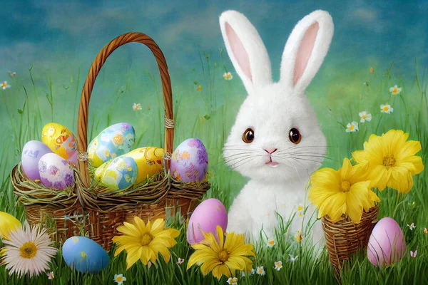 Easter bunny or rabbit, spring meadow with colorful eggs in a basket and flowers, holiday greeting card