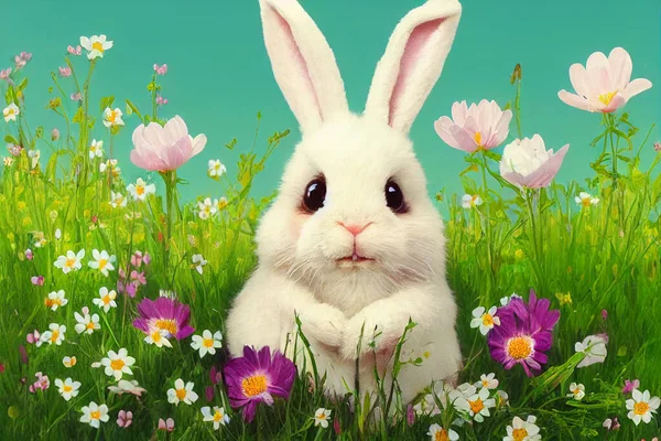 Easter bunny or rabbit, spring meadow with colorful flowers, holiday greeting card