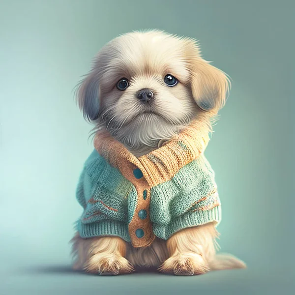 Cute dog puppy with clothes, pastel color, animal greeting card, fairy tale character, love and emotion