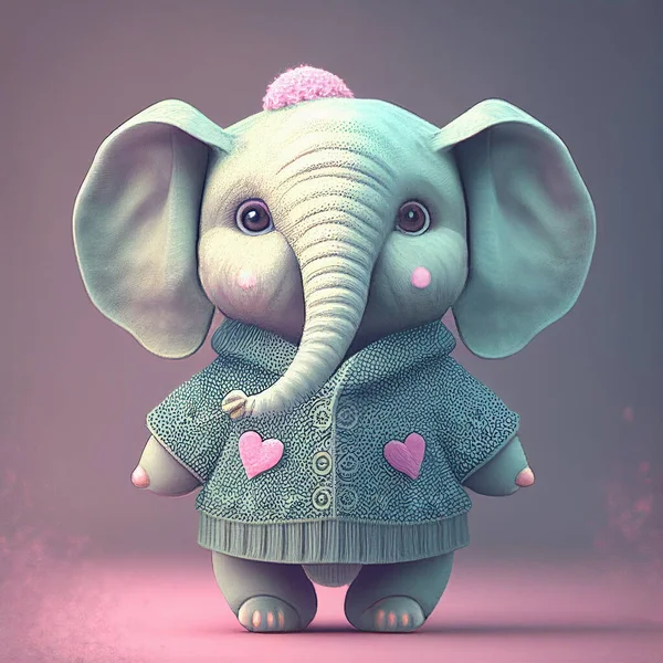 Cute baby elephant with clothes, pastel color, animal greeting card for valentines day, fairy tale character, love and emotion