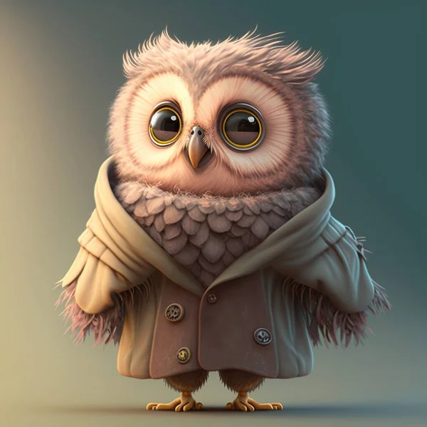 Cute baby owl with clothes, pastel color, animal greeting card for valentines day, fairy tale character, love and emotion