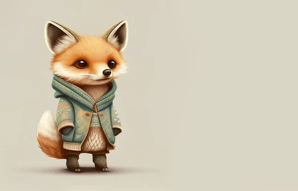 Cute fox with clothes, pastel color, vulpes animal greeting card, fairy tale character, smart and sly