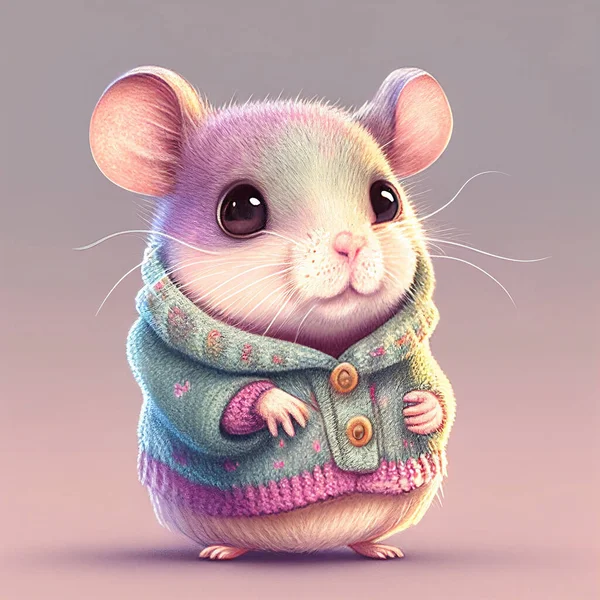 Cute baby mouse with clothes, pastel color, animal greeting card, fairy tale character, love and emotion