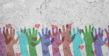 Group of colorful hands with hearts on a wall, volenteer concept, charity and friendship, support teamwork