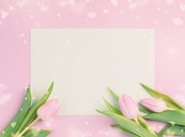 Tulips greeting card with hearts for birthday, easter holiday, valentines day, mothers day, spring season, pastel color