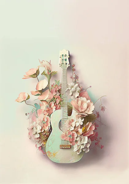 Guitar acoustic instrument with flowers, music passion concept, pastel colors
