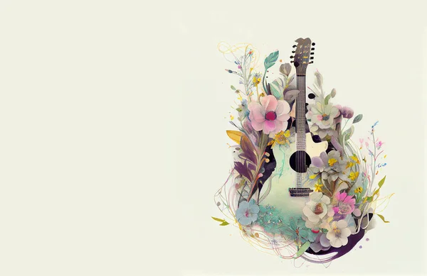Guitar acoustic instrument with flowers, music passion concept, pastel colors