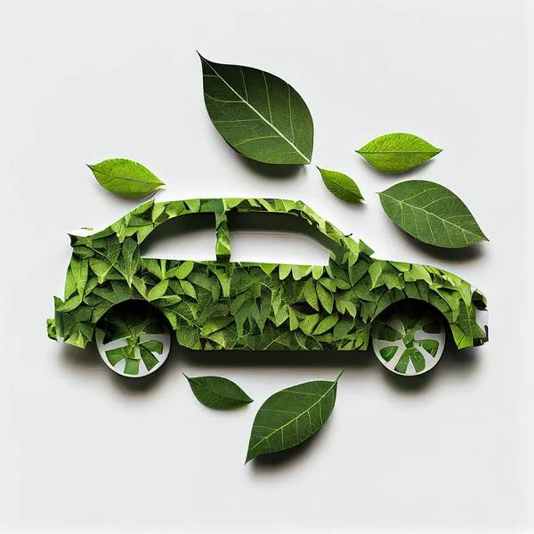 Green electric car made from leaves, sustainable and renewable ressources, eco power, environment issue