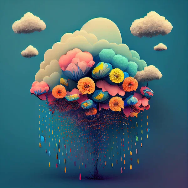 Colorful flowers raining from a cloud and unite with the raindrops, positive emotion and attitude, hope and self care concept