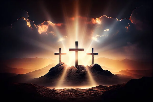 Three cross on the mountain with sun light, belief, faith and spirituality, crucifixion and resurrection of Jesus Christ at Easter