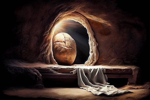 Resurrection of Jesus Christ, empty grave tomb with shroud, bible story of Easter, crucifixion at sunrise