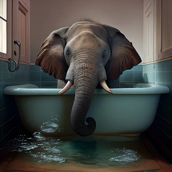 Elephant bathing in a bathtub, water splashes on the floor, animal in the room