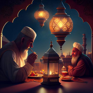 Ramazan ayı, İslam dini, Müslümanların yemek yemesi, arka planda cami, bayram kareemi., 