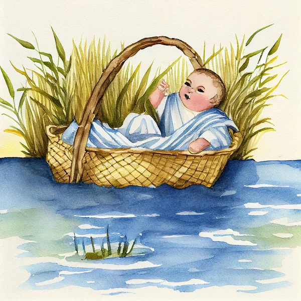 stock image Baby Moses floating in a reed basket on the river Nile in Egypt, jewish and christian bible story