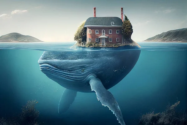 Big whale swimming under water, house on an island on his back, surreal maritime concept