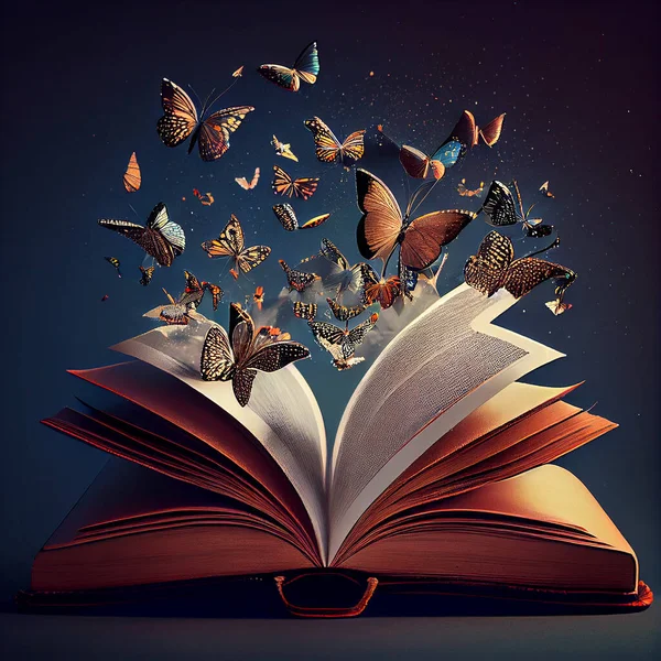 Butterflies flying from the open book, fantasy and magic, imagine a fairy tale story, world book day, wisdom and education