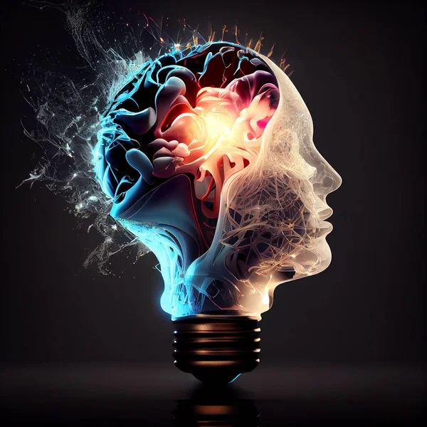 Man with creative light bulb, explosion of ideas, glowing mind, brainstorming for solutions, smart brain