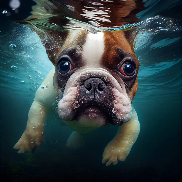 French bulldog swimming underwater, cut dog diving in a pool, active animal