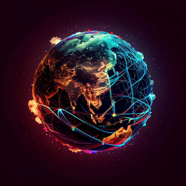 World connected by the internet, planet earth with wires, cyberspace and technology concept