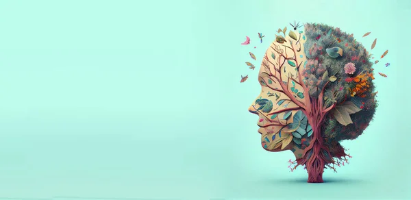 Human brain tree with flowers and leaves, self care and mental health concept, positive thinking, creative mind