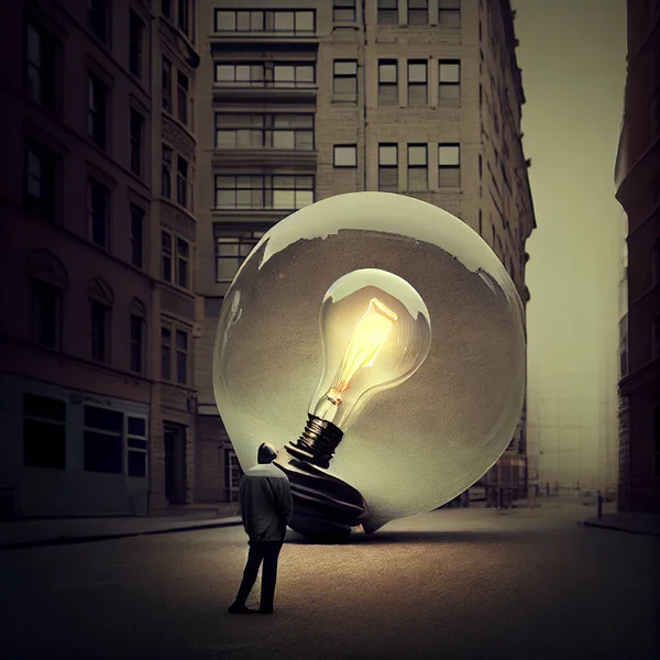 Man with creative light bulb in the city, explosion of ideas, glowing mind, brainstorming for solutions, smart brain