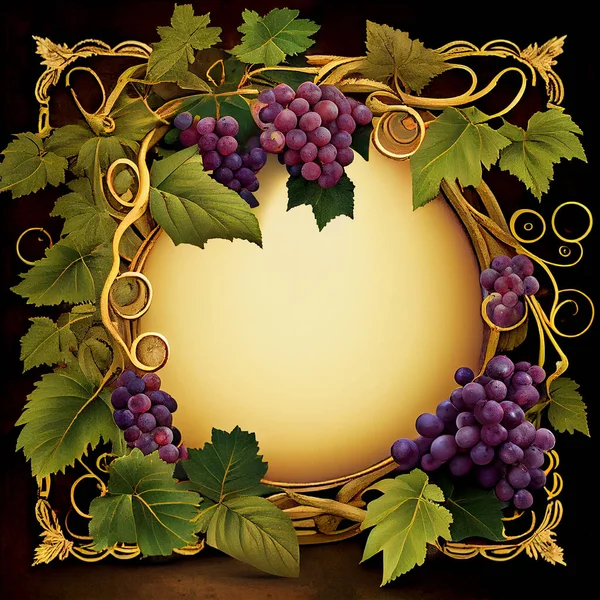 Grapes with vine and leaves, podium platform and product display, wine presentation