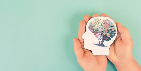 Hands Holding Paper Head Human Brain Flowers Self Care Mental — Stock fotografie