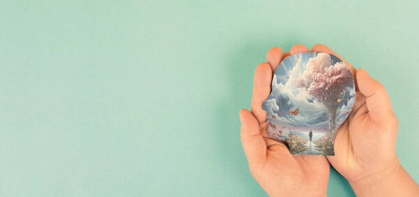 elf care and hope concept, positive thinking, creative brain, human walking on a path through clouds and flowers, dreamlike landscape