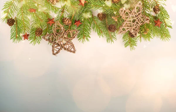 Christmas Holiday Background Fir Branches Red Stars Cones Winter Season — Stockfoto