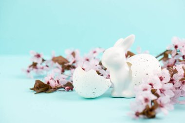 Paskalya tavşanı ya da yumurta kabuklu tavşan, pembe kiraz çiçekleri, bayram tebrik kartı, bahar sezonu geçmişi 